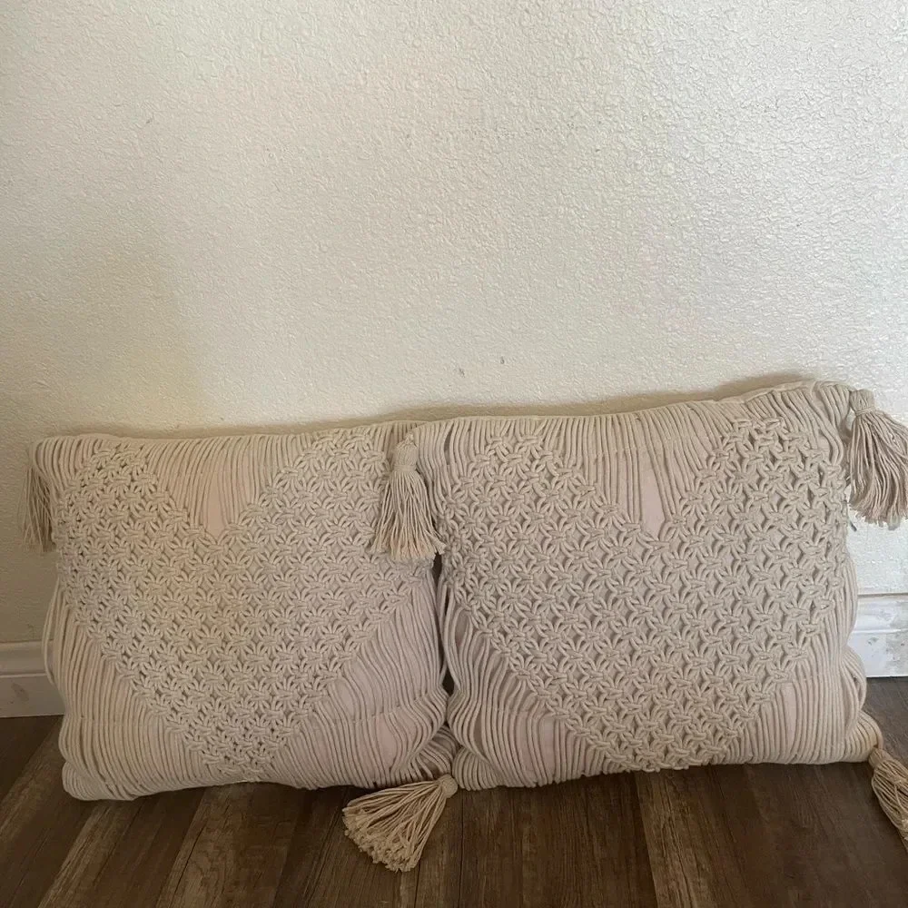 Macrame Heart Shaped Square Throw Pillow Cream - OpalHouse Valentines Day